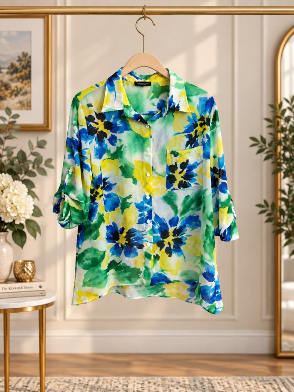 Womyn Watercolor Floral Button Down Blouse Medium Roll Tab Sheer 3/4 Sleeve